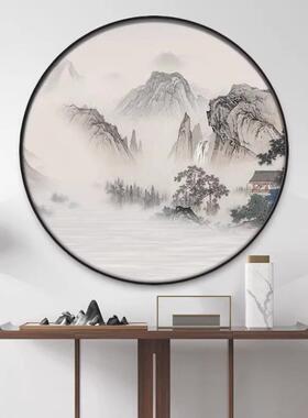 新中入户玄关圆形装饰画客厅走廊山水YTQ画禅挂画室茶意水式墨画