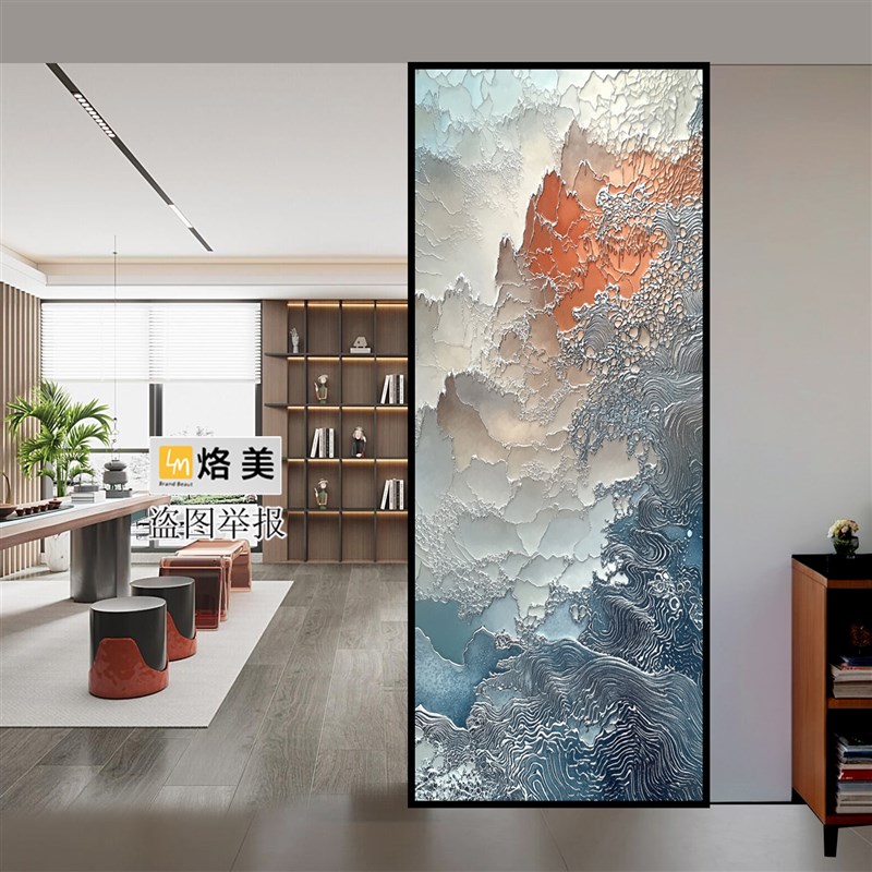 高端艺术玻d璃入户玄关轨道家用客厅屏风卫生间隔断新中式油画定