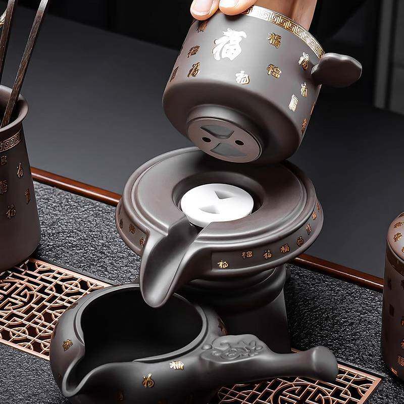 手工描砂金紫功夫茶具防烫旋出00010110水懒泡茶神器转石磨自动人