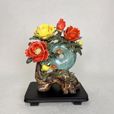 玉璧牡丹花开富贵陶瓷摆件石湾公仔