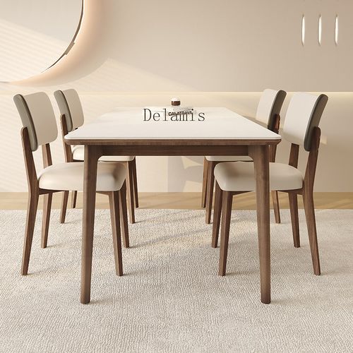 黑胡桃木德利丰实木岩板餐桌椅组合意式极简纯白哑光原木吃饭桌子