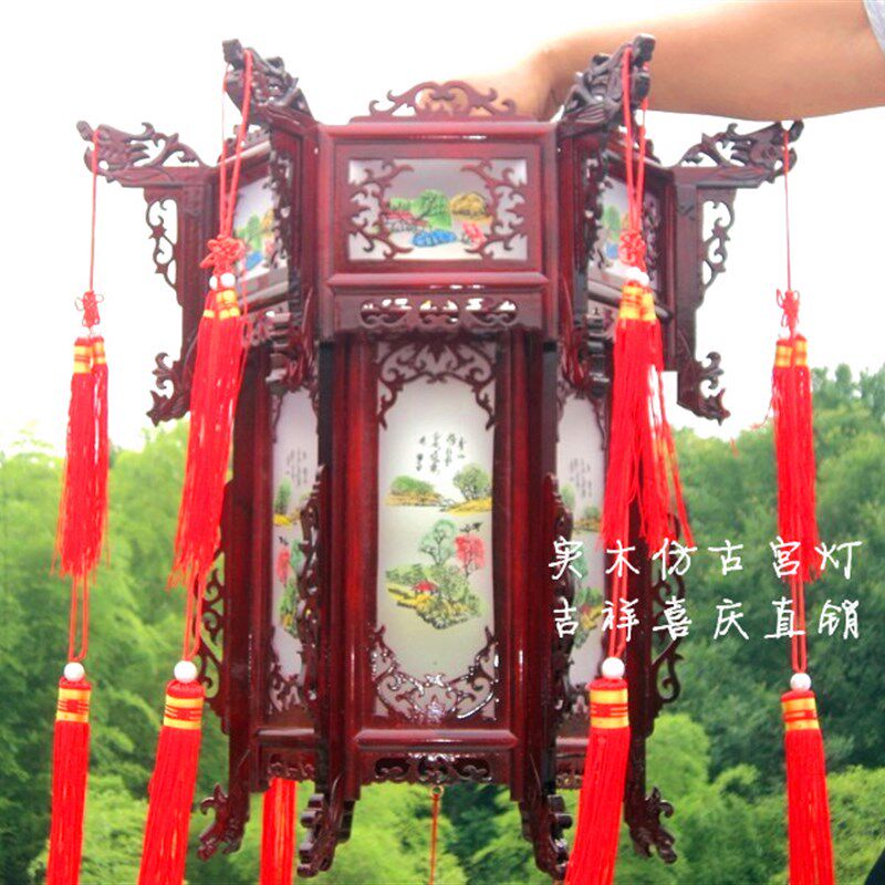 山水画吊灯中式木雕实木六角仿古宫灯木质中式宫庭大红灯笼