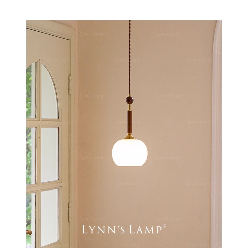 Lynns立意 实木玻璃小吊灯 床头卧室过道法式复古橡木角落氛围灯