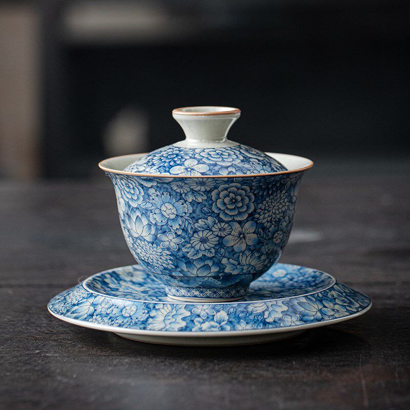 老陶泥青花三才盖碗茶杯古汝功夫茶具大号壶承手抓瓷碗复古泡茶碗