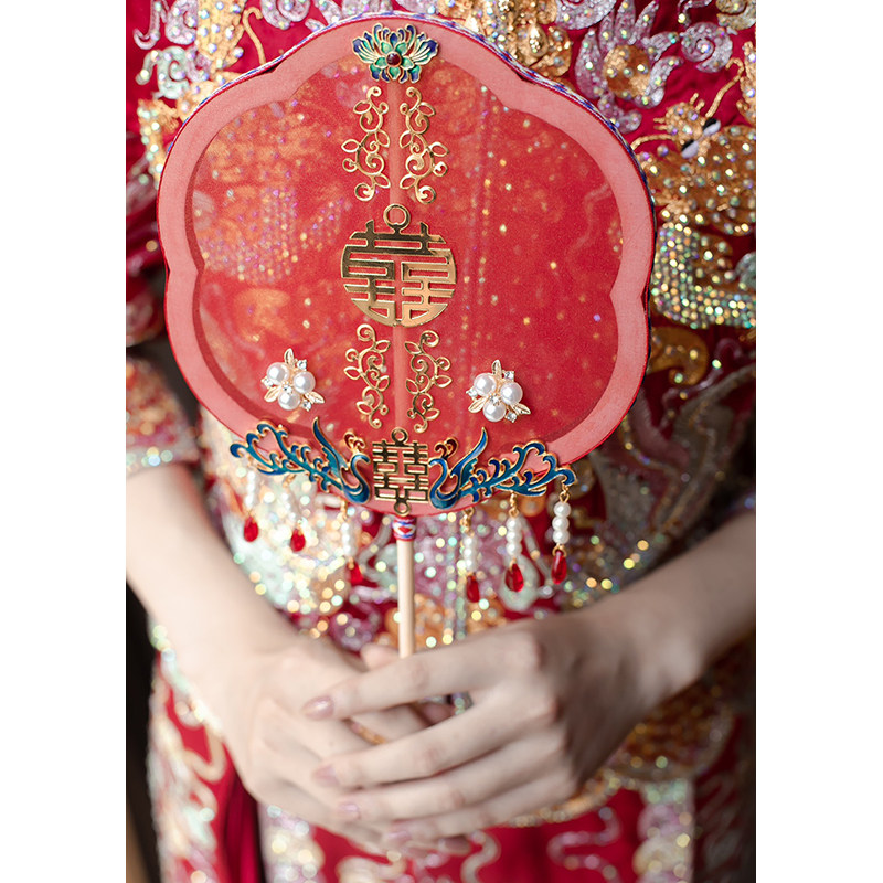 中式团扇烫洒金长柄手捧花婚礼新娘龙凤秀禾服扇子diy宫扇结婚扇
