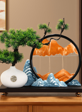 高档桌面摆件办公室布置迎客松高级感沙漏流沙画软装家居茶几饰品