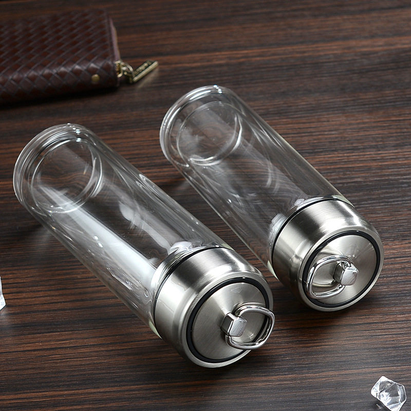 便携拉环水杯 玻璃茶杯 双层玻璃花茶杯 商务礼品杯 男女学生水杯