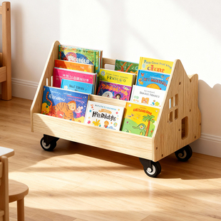 实木多层绘本架儿童书架自由组合 带轮子收纳展示置物柜 家用神器