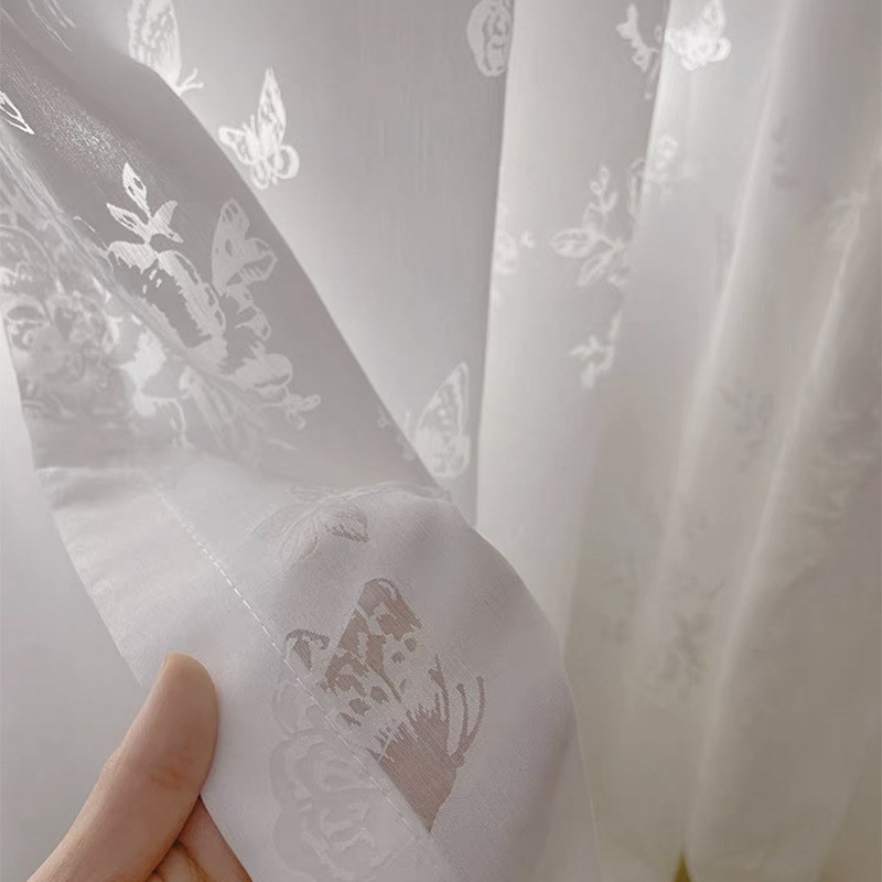 成都窗帘定制梦幻复古法式玫瑰奶茶色蝴蝶花窗纱浮雕高级感米色