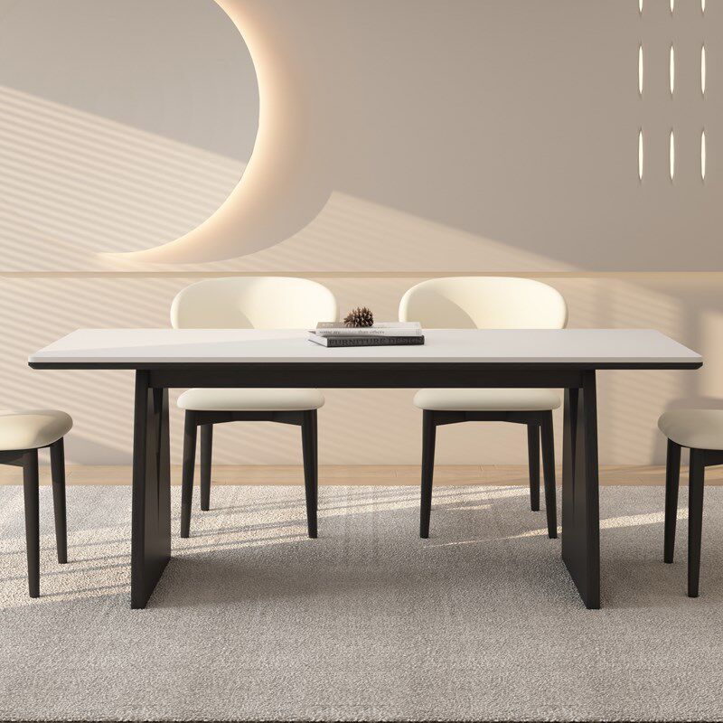 德利丰实木岩板餐桌家用小户型侘寂奶油中古风长方形黑色吃饭桌子