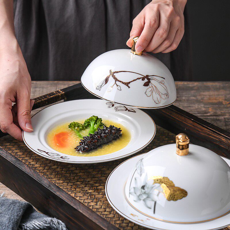 酒店西餐盘带盖高档牛排餐盘海参盘牛油碟子鲍鱼捞饭餐具位上翅盅