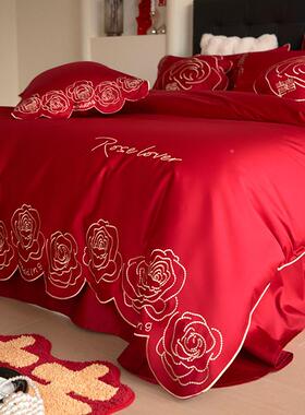 现套代婚被NAX庆全棉床结婚四件套10单0支结婚大红刺绣玫瑰床上用