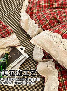 双层纱纯棉四套床上用品100全棉床红色公主套单SMR被三件件套床笠