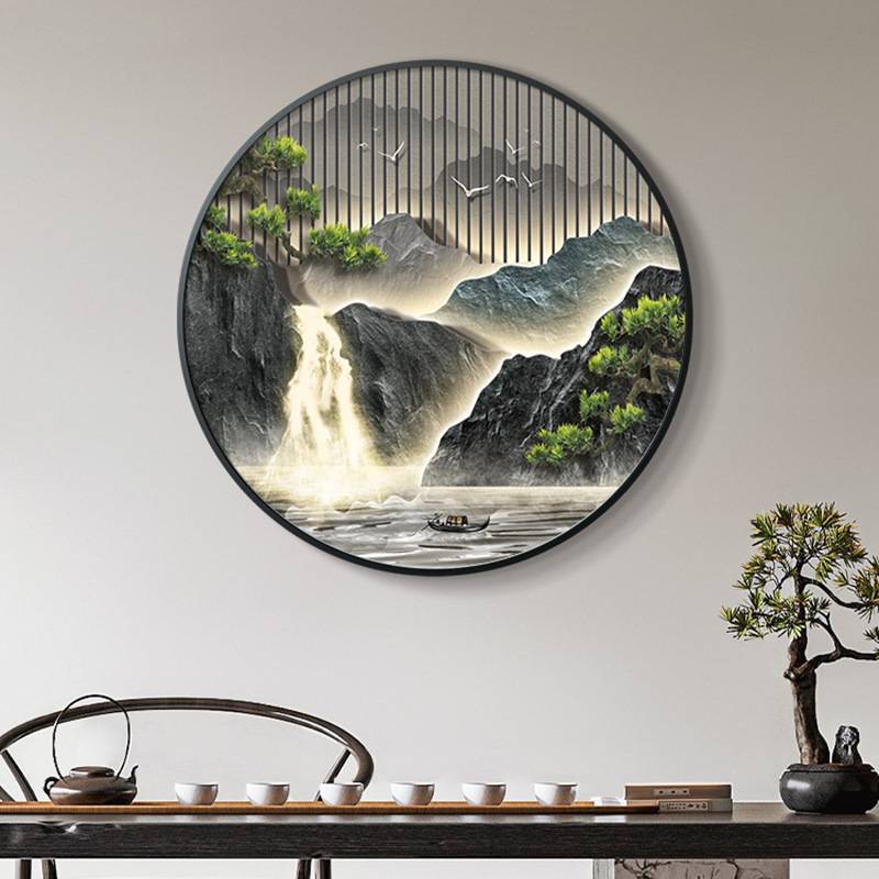 流水山水新好过寓意中式圆形生财挂画入户门装饰画壁画走廊道玄关