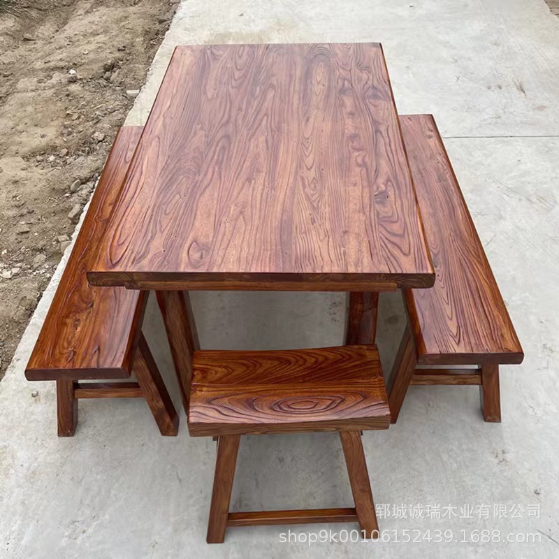 长方形桌子家用吃饭桌长条凳老榆木材质户外实木餐桌板凳家具组合