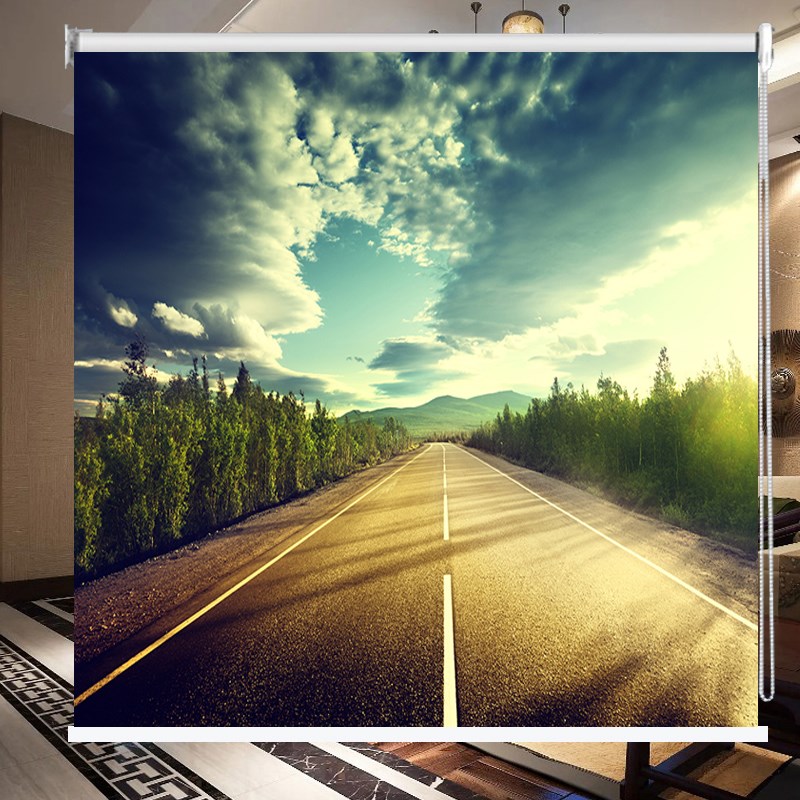 卷帘客厅卧室飘窗全遮光手拉上下升降拉珠马路公路风景窗帘免打孔