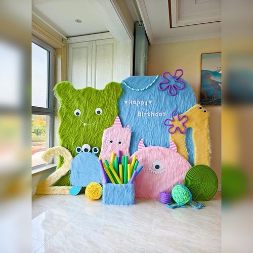 周岁百日宴毛绒装饰多巴胺毛毛怪兽幼儿园开学墙面布置毛茸茸面料