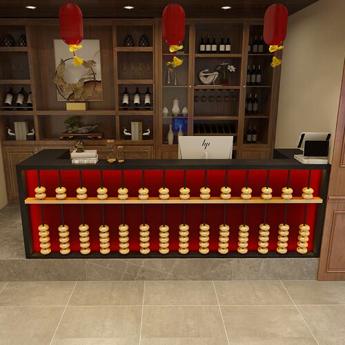 国潮风火锅店吧台收银台复古实木餐饮饭店茶楼酒店前台接待台中式