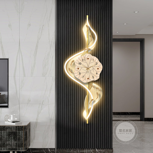 九鱼图客厅钟表装饰画电视格栅背景墙壁灯时钟挂墙高级感玄关挂画