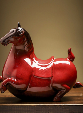创意陶瓷招财唐马摆件吉祥动物工艺品中式客厅办公室书房玄关装饰