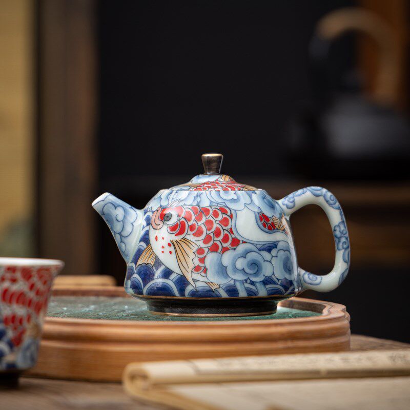 青花福龙鱼茶壶茶杯单个侧把壶高档陶瓷泡茶壶家用喝茶杯功夫茶具
