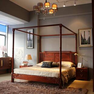 3Y品梓民宿家具定 制原木床新中式四柱床架子床拔步全实木床高