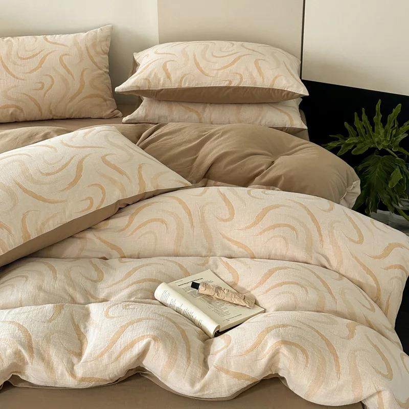 6支水洗棉四件套全棉纯棉100双纱色织提花床被单HMU套床层笠三件0