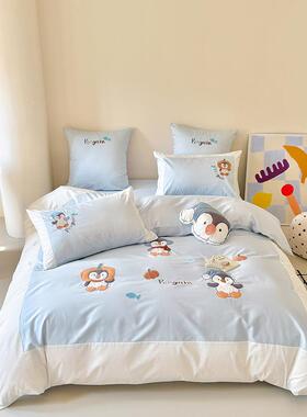 鹅卡通企儿童10纯棉长用绒棉54404四件套可爱被套公主风床上0品