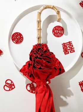 9Q蕾XC嫁衣大红伞复JJT竹柄伞长杆古结婚伞大红色丝遮阳裙边新娘