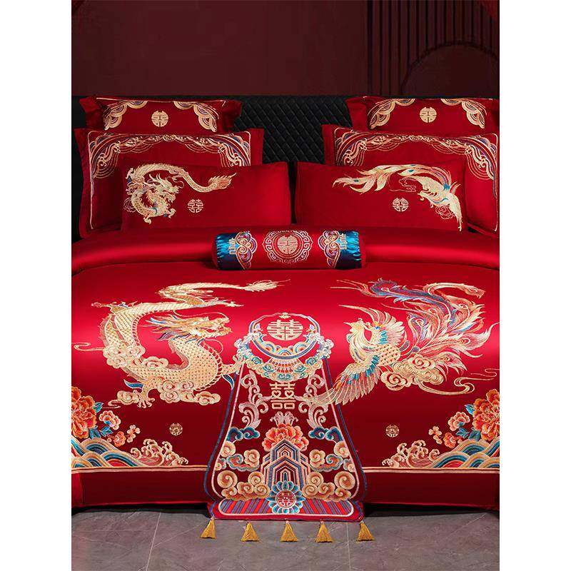 婚单庆四件套红被套水洗棉刺绣新结婚房嫁大喜礼床笠JHS床上用品