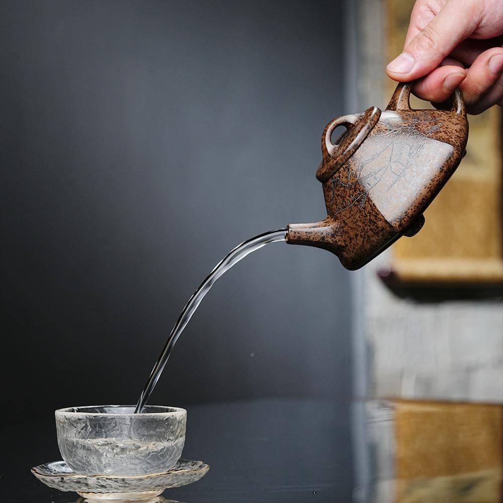 瓢六方整石壶宜兴紫砂壶套龙血砂手工紫砂壶家用茶壶套装茶青具