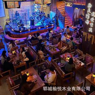 民谣餐桌椅组合餐酒木吧民宿实木桌老榆酒馆ICC卡座发长方形沙桌