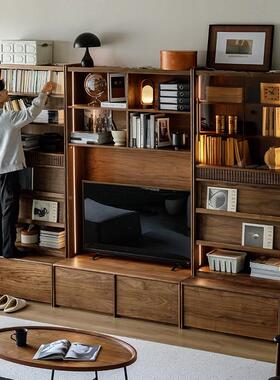 美电黑胡桃木满墙视柜实木收纳北物客厅卡座落地组合书柜书UIU置