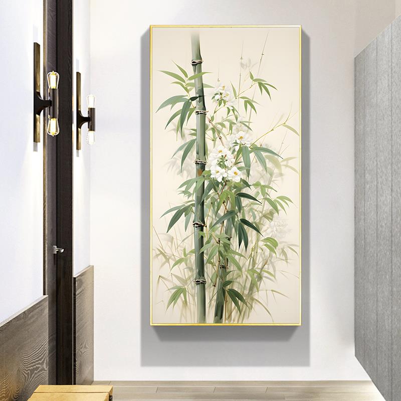 中式简版约竹ILQ报平安入饰户门玄关装画竹子客厅竖走廊过道新挂