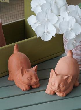 红色陶器猫院装UGF饰品可爱手工花盆装品庭杂货园艺物阳饰台花园