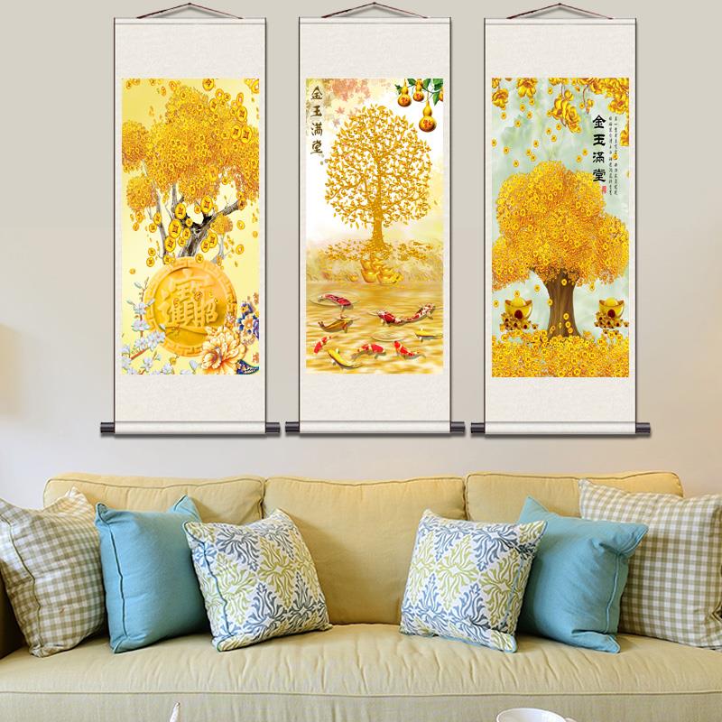 USD摇钱树金玉满九图纳福丝绸卷轴挂画财堂神鱼到厅招财画客玄关