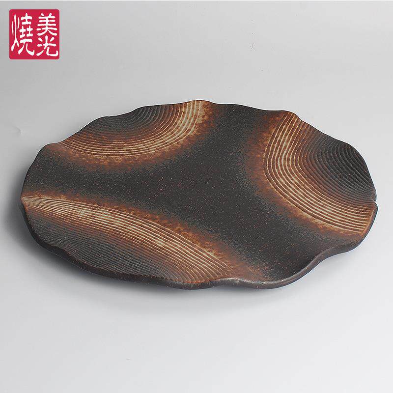 美光烧101/12/寸5罗复古创意特色餐厅荷叶盘刺身牛排陶瓷纹UYA平