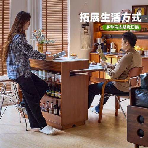 伸实木岛餐桌一体家用可缩转旋实木岩板复古小户台型中岛台餐-边