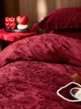 A类SSR1套00支轻奢床古长绒棉婚庆四件结婚红色高档纯棉婚房上用