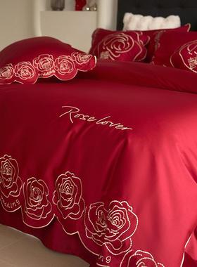全棉长绒棉四套绣用纯棉被套大红色床单WNQ婚庆嫁娶刺结婚件床上