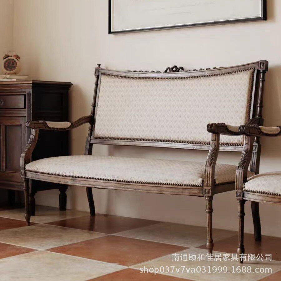 法式复古中国风实木雕花沙发椅美式新古典金色做旧印花宫廷休闲椅