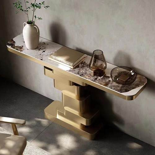 轻岩板奢玄关台别墅不锈钢进门墙靠条案端景台大理H4841石入玄户