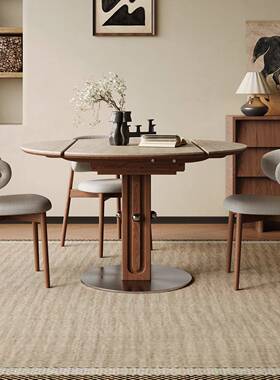 KCY2025石岩板桌伸缩餐洞复古圆形家用圆桌小户型木实方圆两用饭