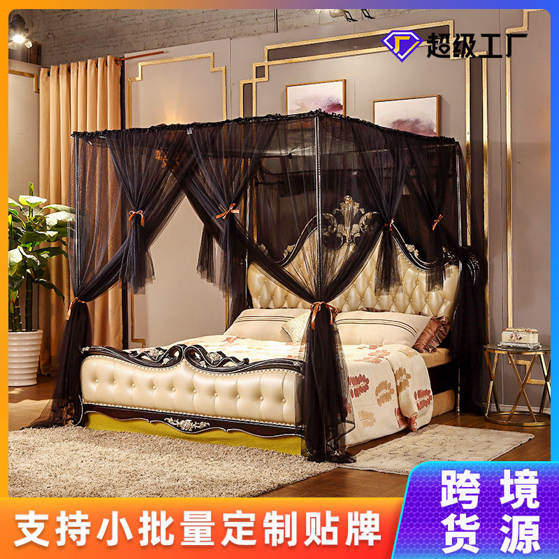 新款公主风灰色蚊帐宫廷四开门落地双层蚊帐黑色加密梦幻方顶蚊帐