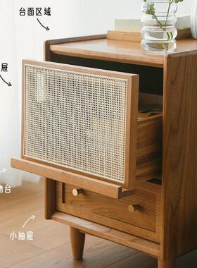现代简约床头23594柜实小带尺寸灯一体床边木小型卧室藤编收纳窄