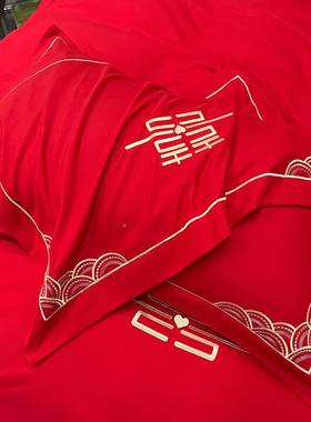 高档欧式婚庆毛磨四件套大红色品刺绣棉被套单婚床上床用陪PRE嫁