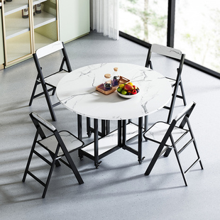 折叠餐桌家用小户型移动桌子圆桌伸缩饭桌客厅可折叠仿岩板圆桌面
