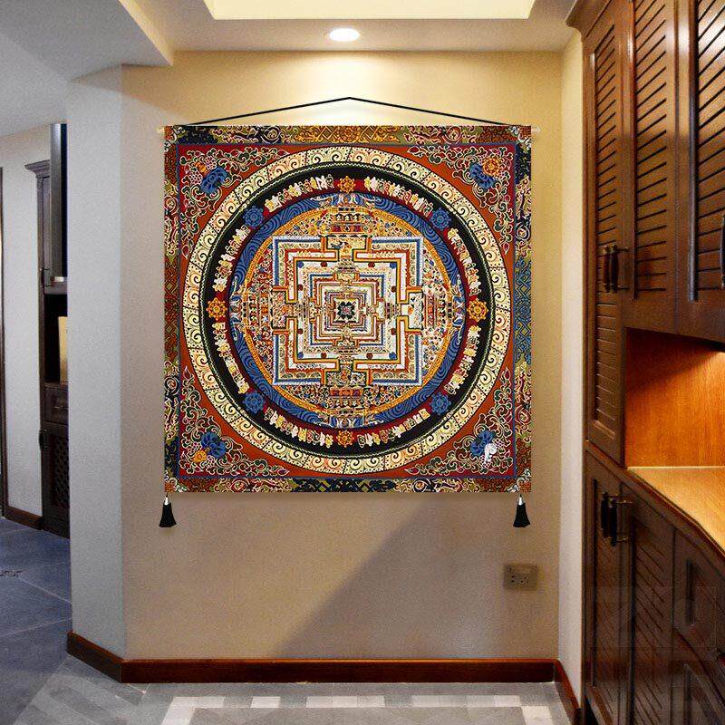 黑金藏式唐卡挂布装饰画六字咒心经入口聚财曼陀罗广场入口壁画