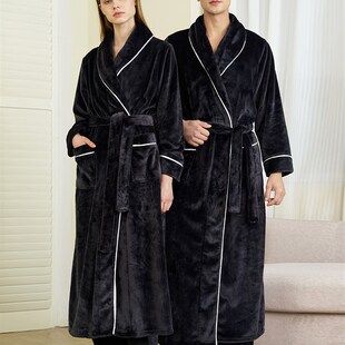 秋冬款珊瑚绒睡袍裤子男士加长款加厚加绒法兰绒浴袍家居服套装女