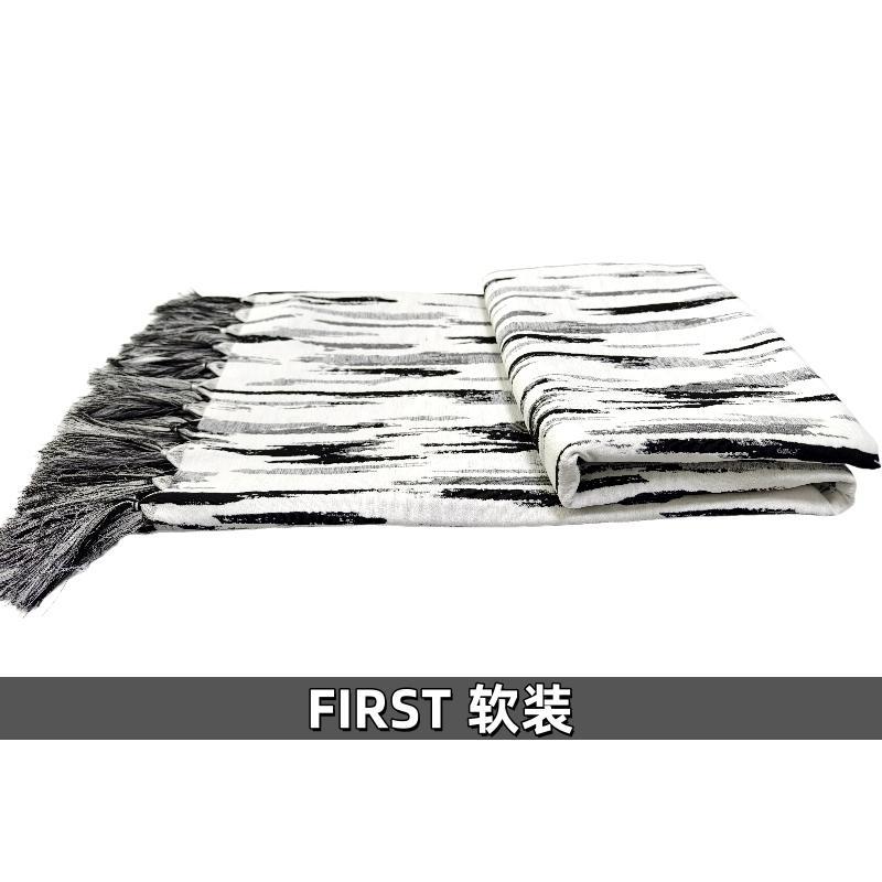 样板间新中式黑白水墨纹理床尾巾装饰搭毯搭巾床旗床尾毯床上搭巾